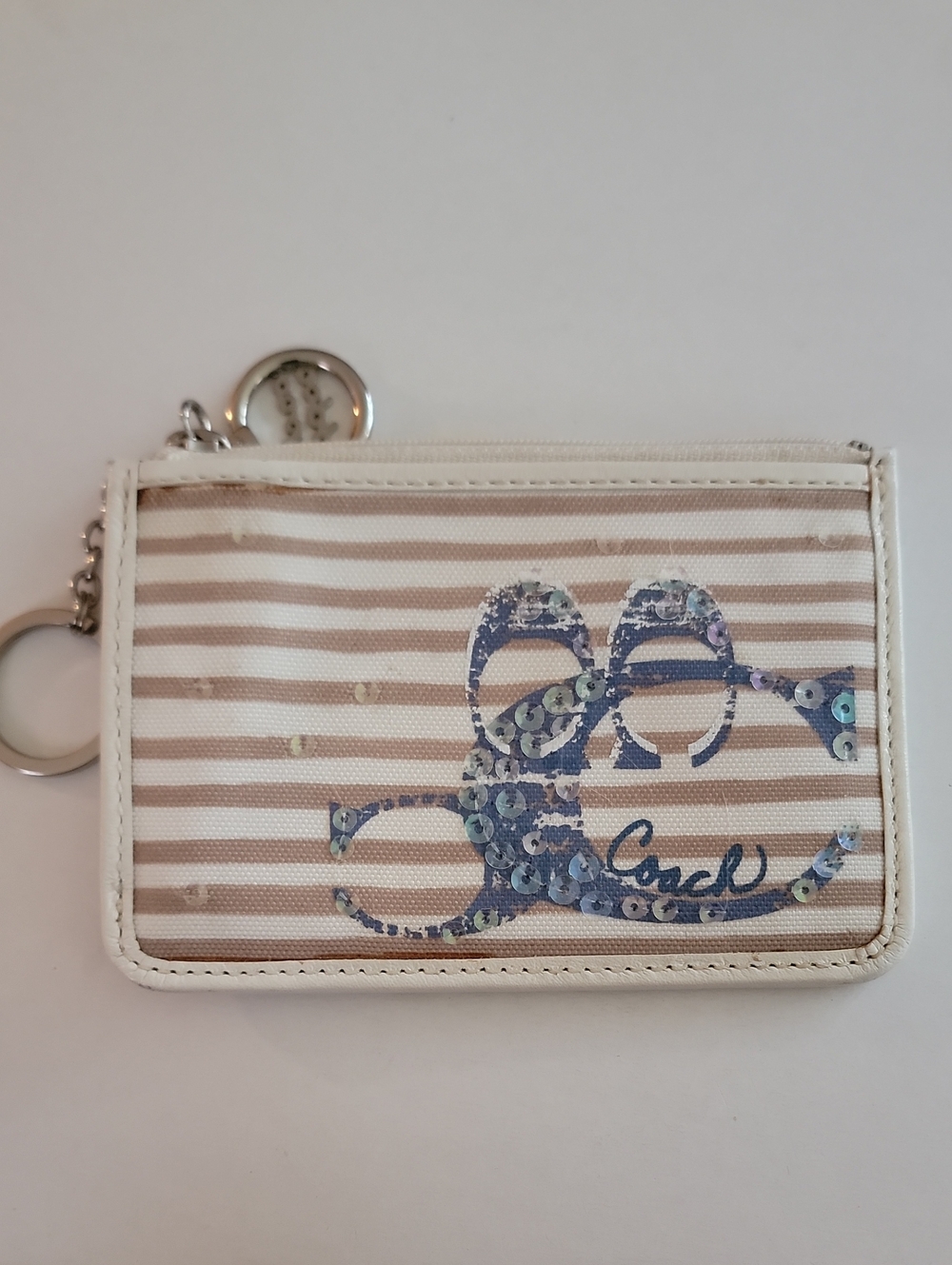 Coach Poppy Beige & White Striped Sequin Logo Card Holder with Key Ring